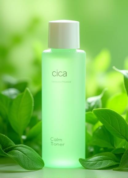 Cica Calm Toner bottle with green leaves