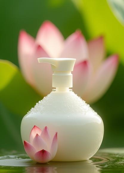 Lotus Veil Cleanser foam next to lotus