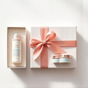 Cosmetic gift set with ribbon and products
